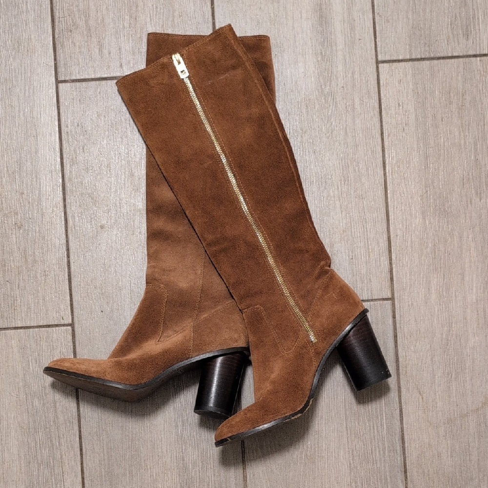 Coach Brown Suede Knee-High Block Heel Boots with Gold Zip
